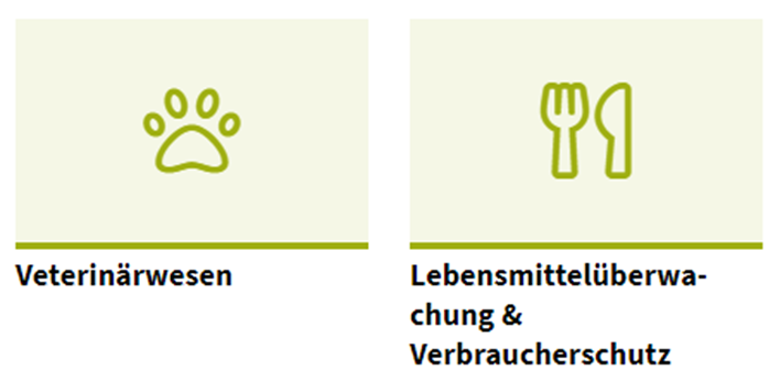 Button Veterinärwesen mit Pfotenabdruck und Button Lebensmittelüberwachung & Verbraucherschutz mit Messer und Gabel