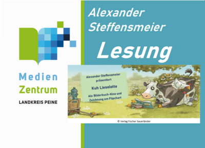 Bild vergrößern: Auf der linken Seite ist das Logo des Kreismedienzentrums zu sehen, auf der rechten Seite ein Bildausschnitt aus dem Buch "Kuh Lieselotte". Der Name des Autors und des Verlags sind auf dem Plakat vermerkt.