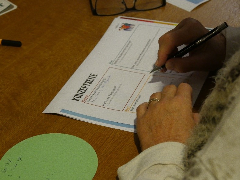 Auf einem Tisch liegt ein Zettel mit Feldern zum Ausfllen. Es sind die Hnde einer Person zu erkennen, die rechte Hand hlt einen Stift und hat bereits etwas auf den Zettel geschrieben.