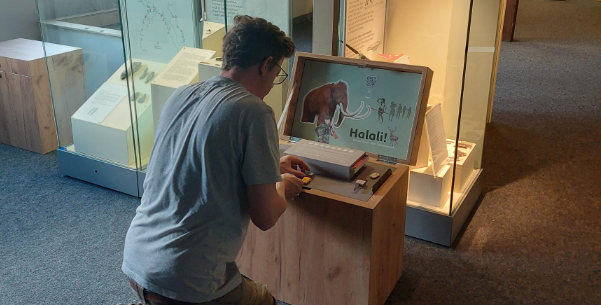 Ein Mann kniet vor einer aufgeklappten Holzkisten. Auf der Innenseite des Deckels ist ein Mammut zu sehen.