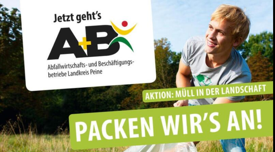 Bild vergrößern: Ein Mann hebt einen Mllsack auf einer Wiese auf. In der linken, oberen Bildecke ist das Logo von A+B zu sehen. Mittig auf dem Bild befindet sich der Schriftzug "Aktion: Mll in der Landschaft. Packen wir's an!"