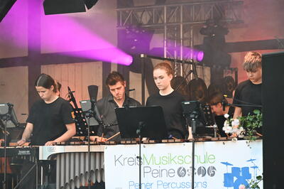 Bild vergr&ouml;&szlig;ern: Vier Personen stehen auf der B�hne vor ihren Instrumenten und spielen konzentriert. Im Hintergrund erhellen Scheinwerfer mit ihrem lila Licht den Raum.