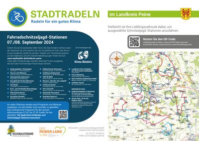 Bild vergrößern: Das Bild zeigt eine Landkarte des Kreisgebietes und die Fahrradschnitzeljagd-Stationen. Diese sind auch ber den Link im Text online aufrufbar.