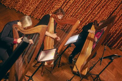 Bild vergr&ouml;&szlig;ern: Das Foto zeigt drei Harfenisten mit ihren Instrumenten - von oben aufgenommen.